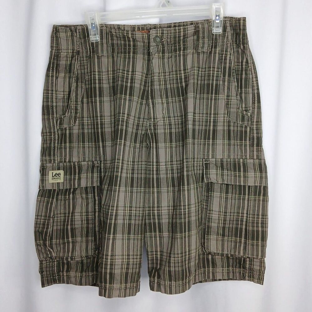 Lee Dungarees Cotton Cargo Shorts Gray Plaid Pockets Casual Flat Front Mens 33